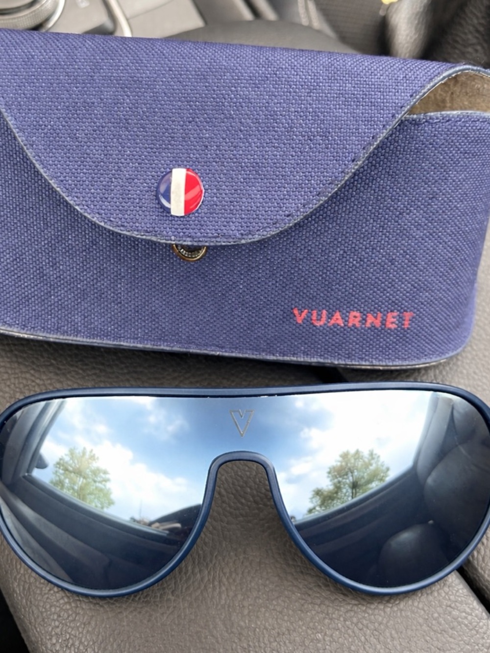 Vuarnet Navy Shield Sunglasses with Navy Case and mirrored Lenses